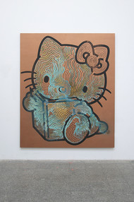 Leinwand mit Kupfergrundierung zeigt einen Irrgarten in Form einer lesenden "Hello Kitty"-Gestalt
