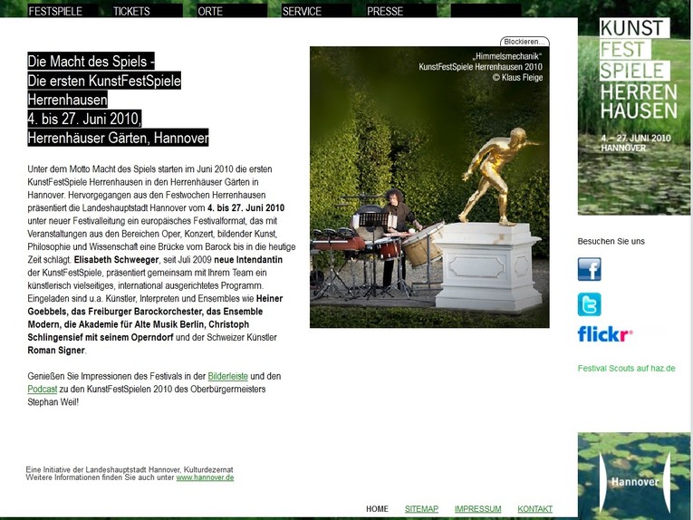 Website der KunstFestSpiele 2010